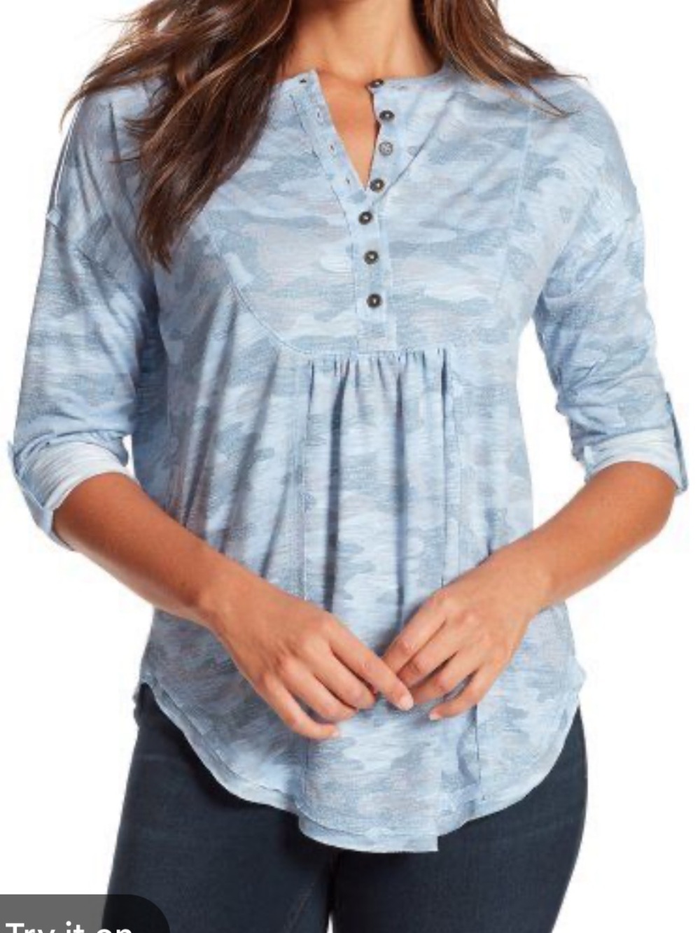 Nine West Light Blue brinne Henley top tunic camo print S
